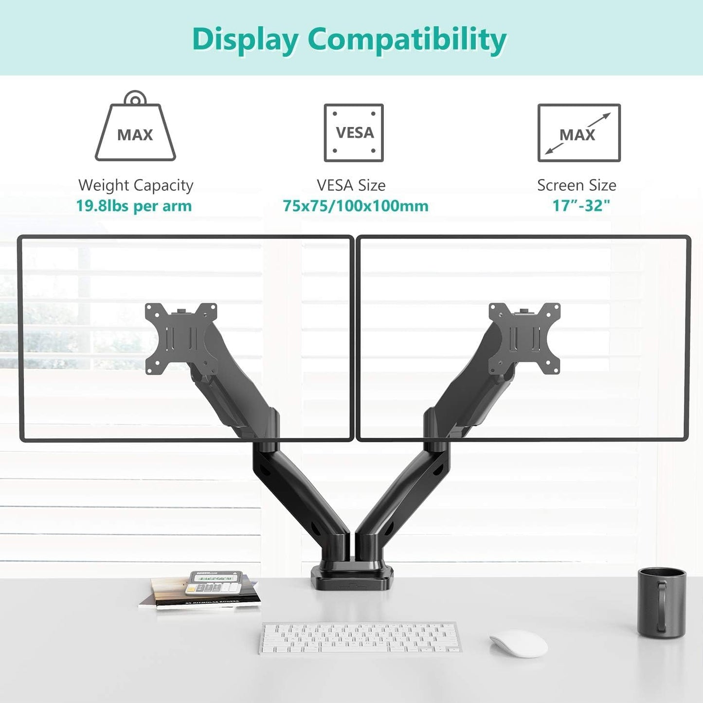 WALI Dual Monitor Mount, Monitor Arms for 2 Monitors Fully Adjustable Gas Spring Desk Mount Swivel Mounting Holes Bracket with C Clamp, Grommet Base for Display Up to 32 Inch 19.8lbs (GSMP002), Black