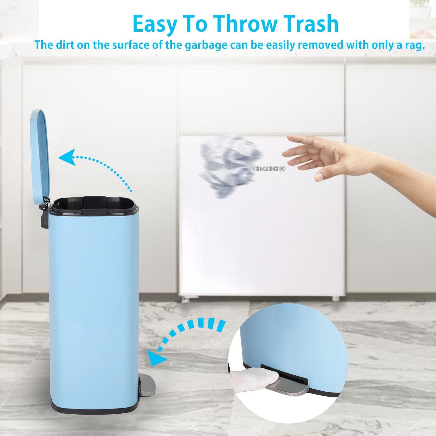 PayLessHere Stainless Steel Trash Can with Lid - Removable Inner Bucket, Foot Pedal Soft Close for Office, Home, Kitchen Garbage Bin (Blue, 13 G)