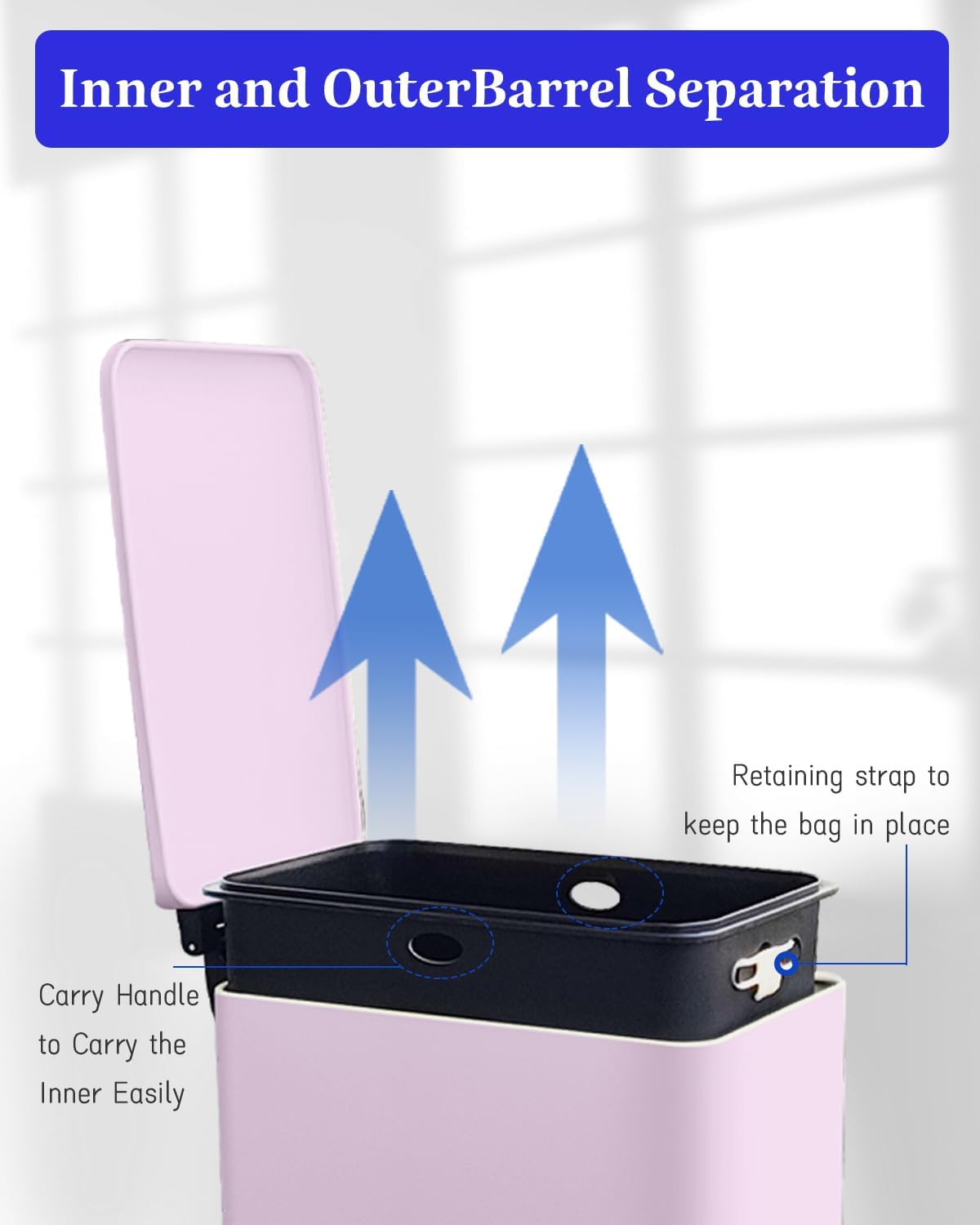 JM.YIPENG 17L Rubbish Bin, Pedal Bin with Lid and Foot Pedal with Inner Bucket, Rectangular Pedal Bin for Living Room, Office, Pink