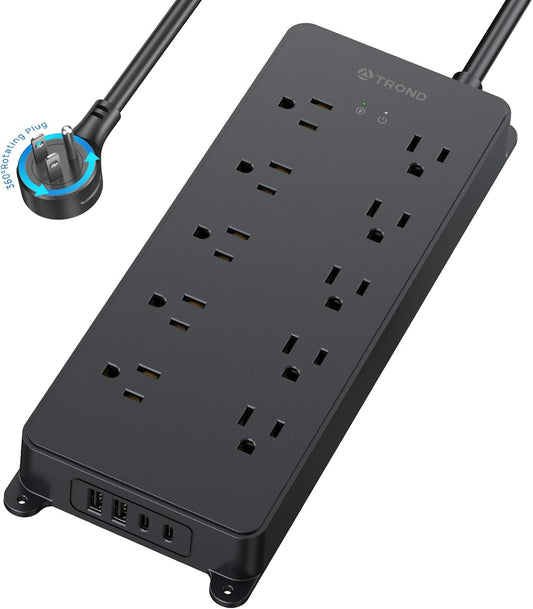 TROND Surge Protector Power Strip with 360° Rotating Flat Plug, 4000J, ETL Listed, 10 Widely Spaced Outlets, 2 USB A and 2 USB C, 5ft Extension Cord, Wall Mountable, for Home Office Garage, Black