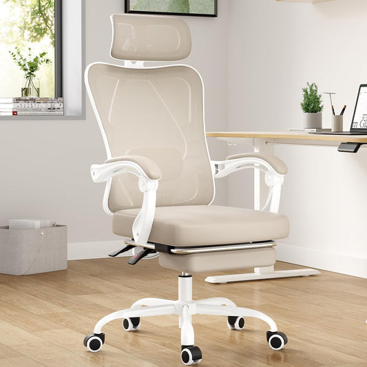 Farini Ergonomic Office Chair with Footrest, Mesh Office Desk Chair with Headrest, High Back Computer Chair with Adjustable Lumbar Support for Home Office Study Room Bedroom, White & Kakhi