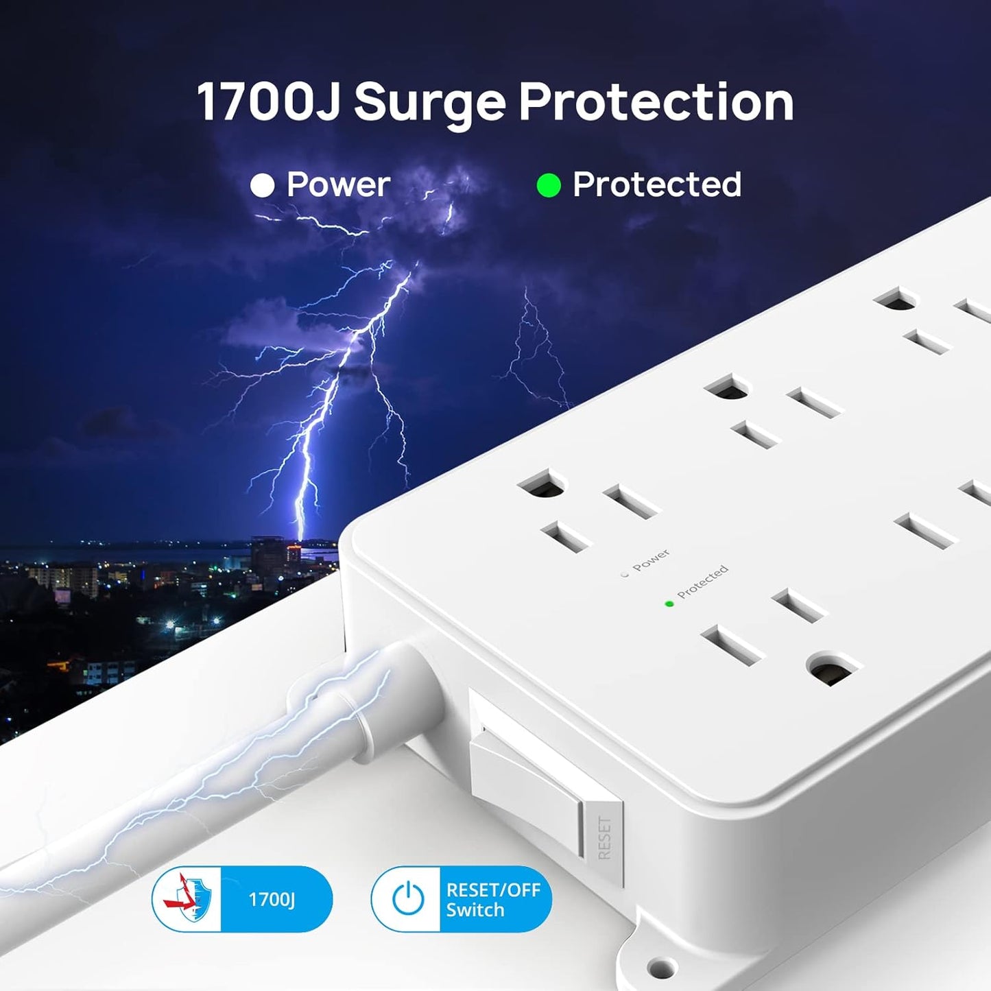 TROND Surge Protector Power Strip Flat Plug, 15ft Long Extension Cord, 7 Widely-Spaced Outlets with 2 USB-A & 1 USB-C, ETL Listed, 1700J, Wall Mountable, for Home Office Garage, White