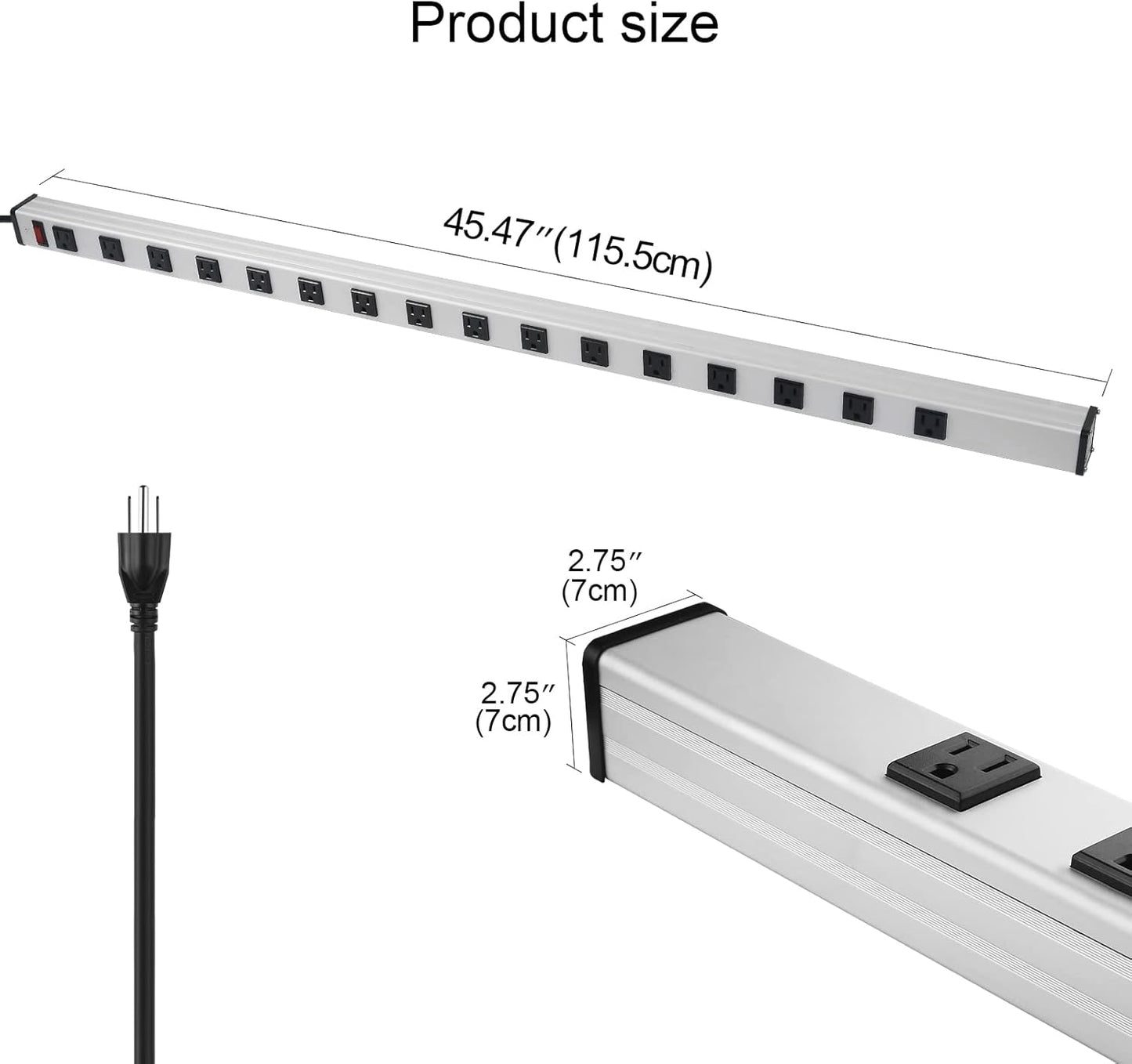16 Outlet Plugs Heavy Duty Metal Power Strip, Aluminum Workshop Socket with 4 FT Long Cord and Power Switch. 15A, 125V, 1875W Silver