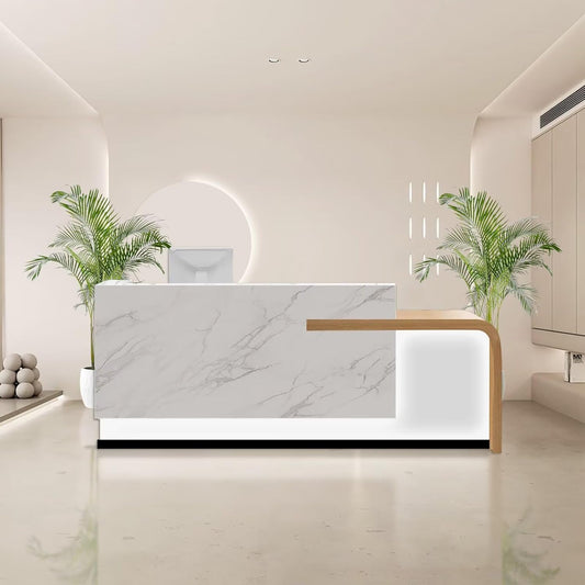 Reception Desk with Counter Modern Front Office Desk Large Reception Room Tables Checkout Counter Reception Table for Retail Lobby Beauty Salons White 87inch/220cm