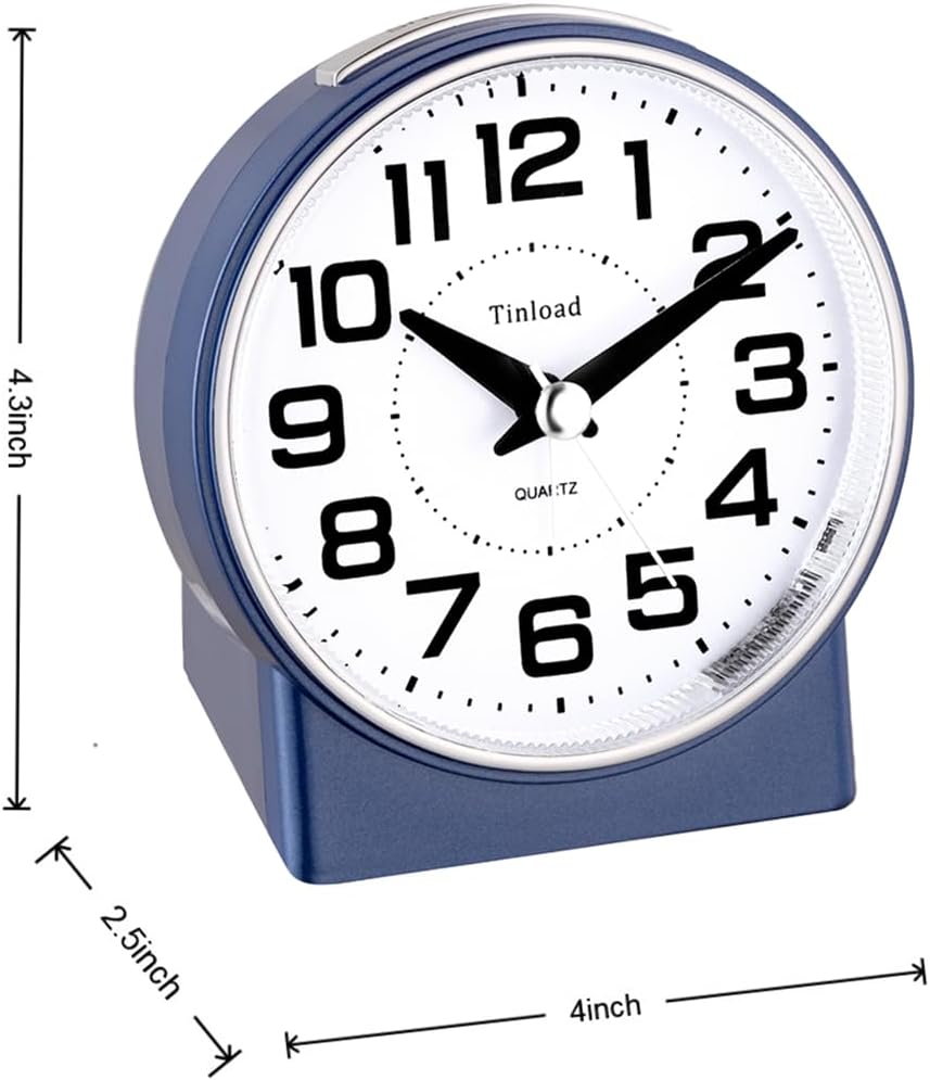 4.3" No Ticking Analog Alarm Clock,Silent Readable for Seniors,Easy to Set,Gradual Rise Alarm,Big Numbers,On/Off Switch on Side,Gentle Wake,Snooze,Lighted on Demand,Battery Operated,Blue