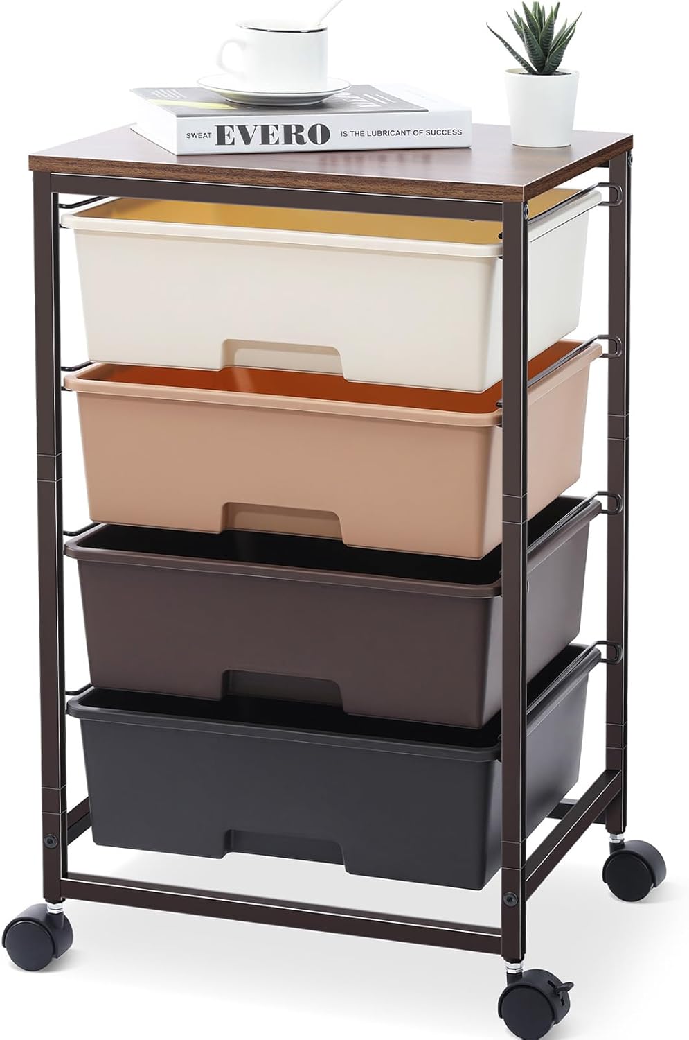 Utility Cart with 4 Drawers,Rolling Storage Cart with Drawers,Storage Rolling Drawer Cart,Brown