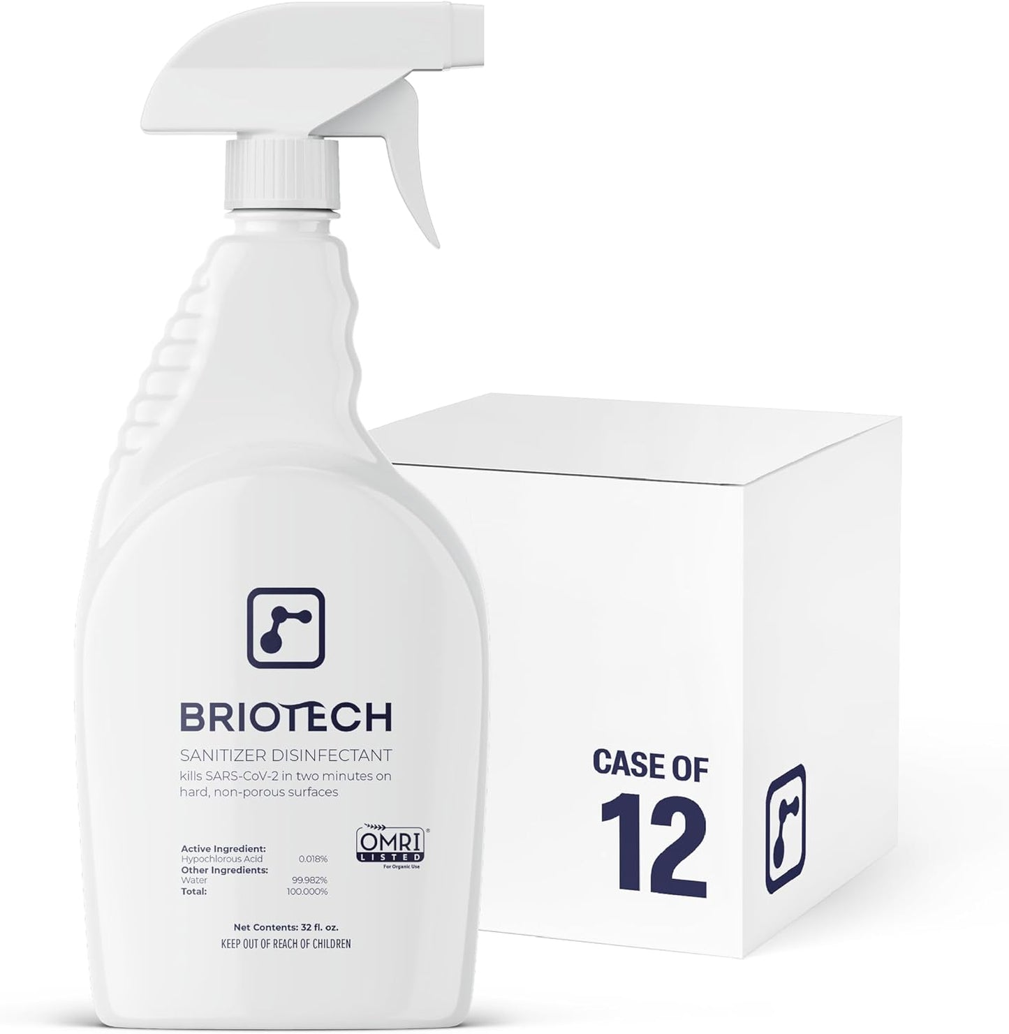 BRIOTECH Sanitizer Disinfectant Hypochlorous Spray, Kill 99.99% of Viruses & Bacteria, Control Mold, Eliminate Odor, Gentle for Nursery & Play Rooms, Food Contact Surface Sanitizer, 32 fl oz (12 Pack)