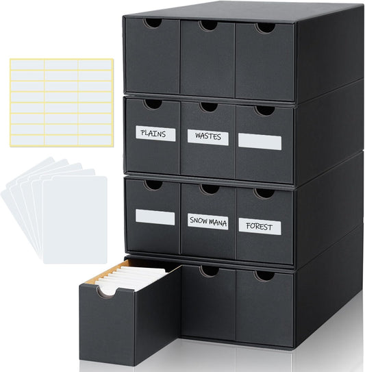 Cholemy Trading Card Storage Box 15000+ with 70 Cardboard Storage Divider, Label Sticker for Collection Compatible with TCG, Sport Cards(4 Row, 3 in A Row,Black)