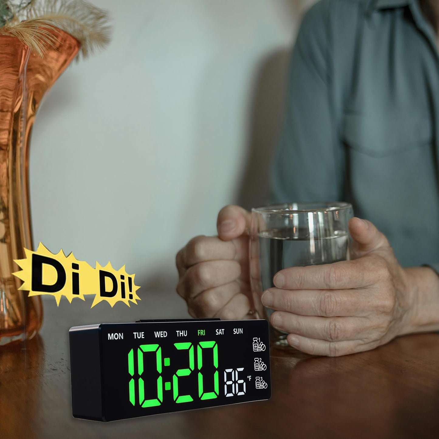 8 Inch LED Digital Desk Clock with Medication Reminders – Large Display with Time, Date, Day, Temperature, Triple Pill Alerts, Dual Alarm, Silent Clock for Home and Office,Green