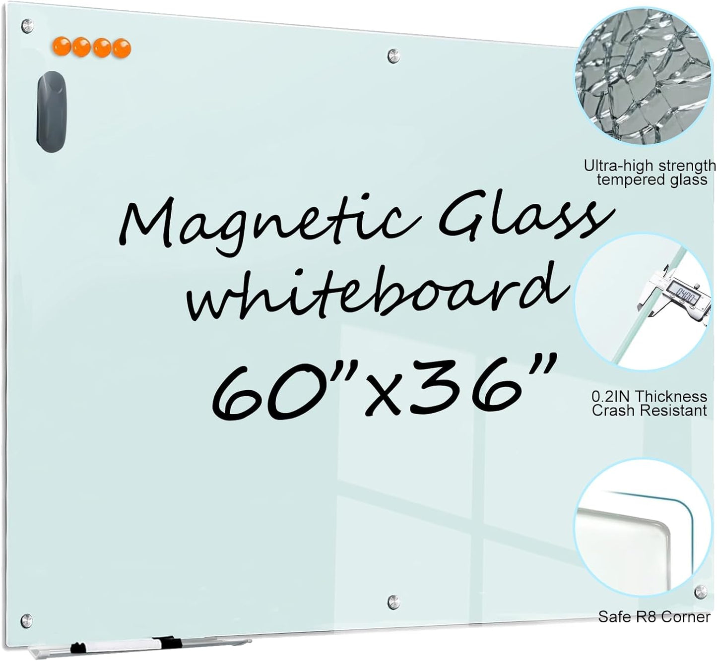 Magnetic Glass Whiteboard - 60"x36" Dry Erase White Board Frameless Glass Boards with Super Strong Magnets, Wall Mounted for Office, School and Home