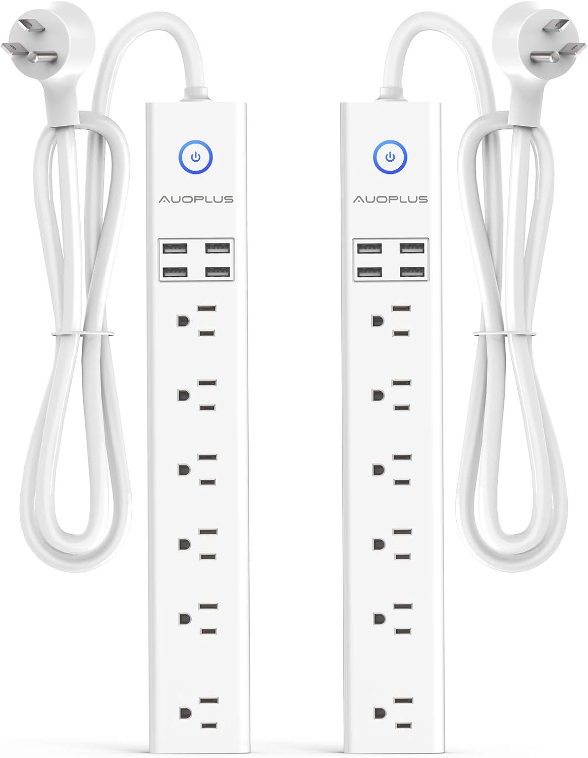 2 Pack Power Strip Surge Protector Flat Plug - 6 Widely Spaced Outlets 4 USB Charging Ports, 2100J/10A with 6Ft Long Extension Cord, Overload Surge Protection, Wall Mount for Home Office
