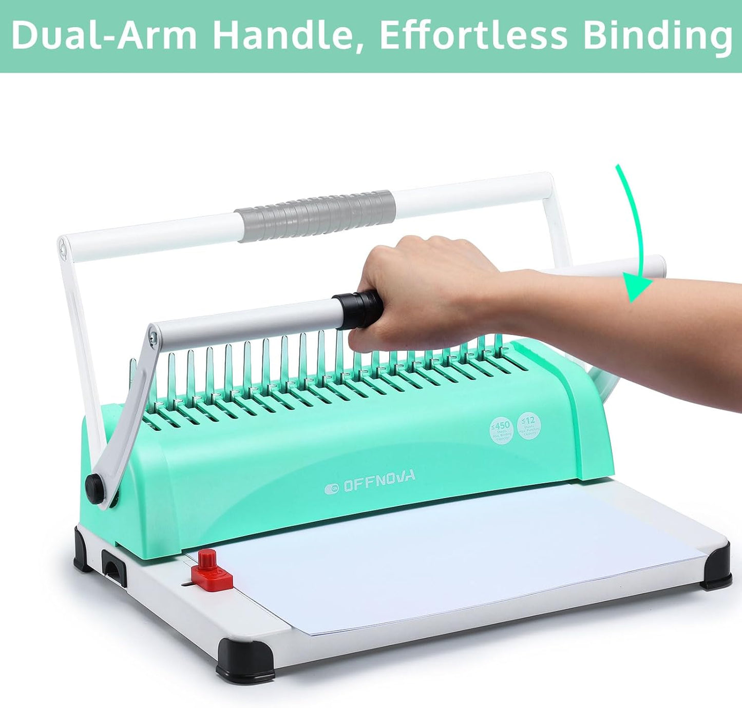 OFFNOVA Binding Machine, 21-Hole 450 Sheets Paper Comb Binding Machine for Letter Size / A4 / A5 Paper, Easy to Punch Handle, Adjustable Margin, Book Binder with 100 PCS 3/8'' Comb Binding Spines