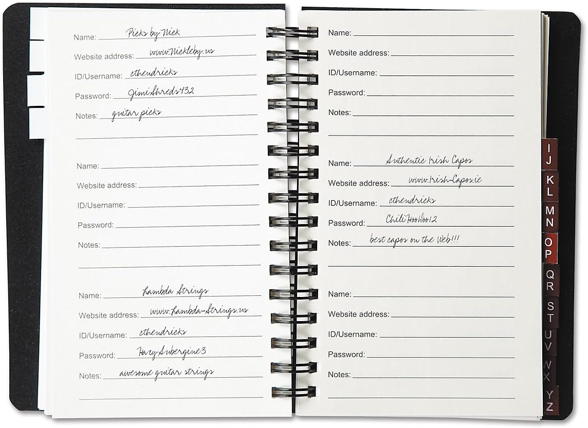 Current Black Password & PIN Keeper Book, 65 Pages, 4.5” x 5 ¾” Size Spiral Bound, Alphabetical Tabs, Plastic Cover Internet Organizer for Offline Website, Login, & Username Storage