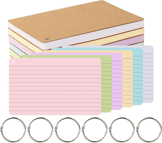 6 Pack 360 Pcs Lined Index Cards 5 x 8 Inches, Assorted Colored Flash Cards with Ring, Lined Note Cards Study Flashcards for School, Office, College