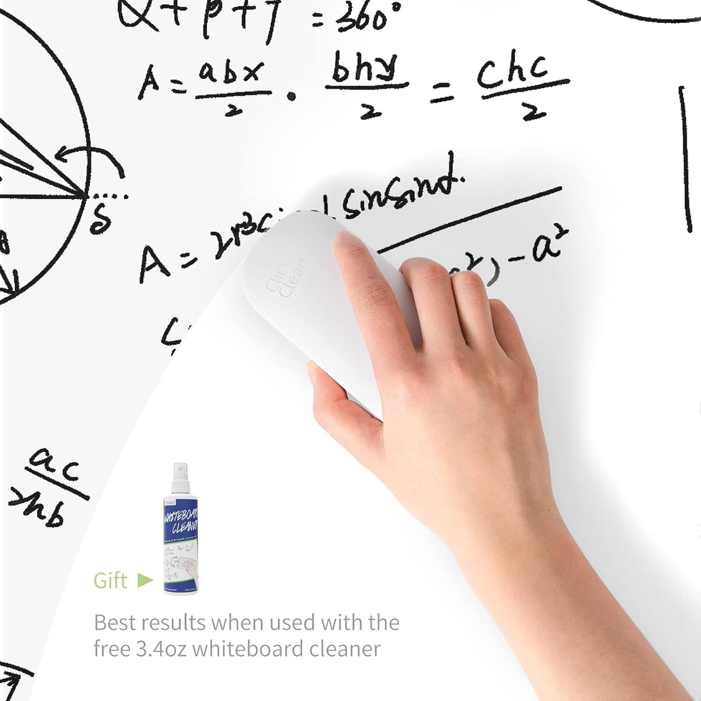 CLICK CLEAN Replaceable Dry Erase Board Eraser, 4-in-1 Magnetic Whiteboard Eraser with 3 Replaceable Felt Pads, Free 3.4oz Whiteboard Cleaner Included, Intended for Classroom, Home and Office