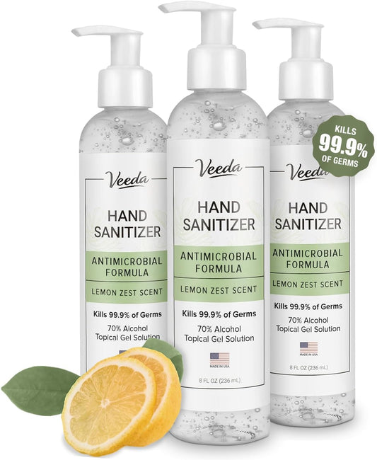 Veeda Scented Hand Sanitizer with Lemon Zest Scent - Moisturizing Clear Gel with Vitamin E & Antimicrobial Formula- Contains 70% Ethyl Alcohol - Hand Sanitizer Travel Size, Made in USA (3 x 8 fl. oz)