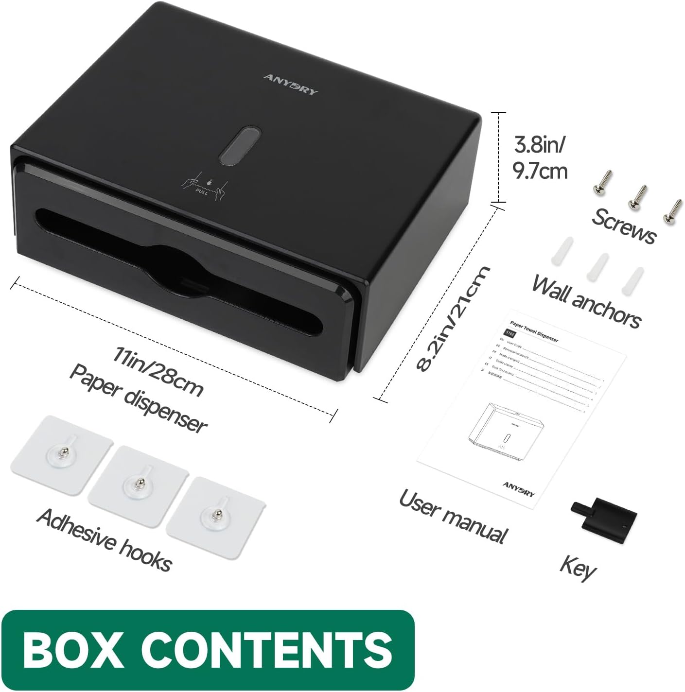 Wall-Mounted Paper Towel Dispenser – Fits Tri-Fold Towels up to 10x3.1 Inches, Holds 200 Sheets, Ideal for Home & Commercial Use (Black)