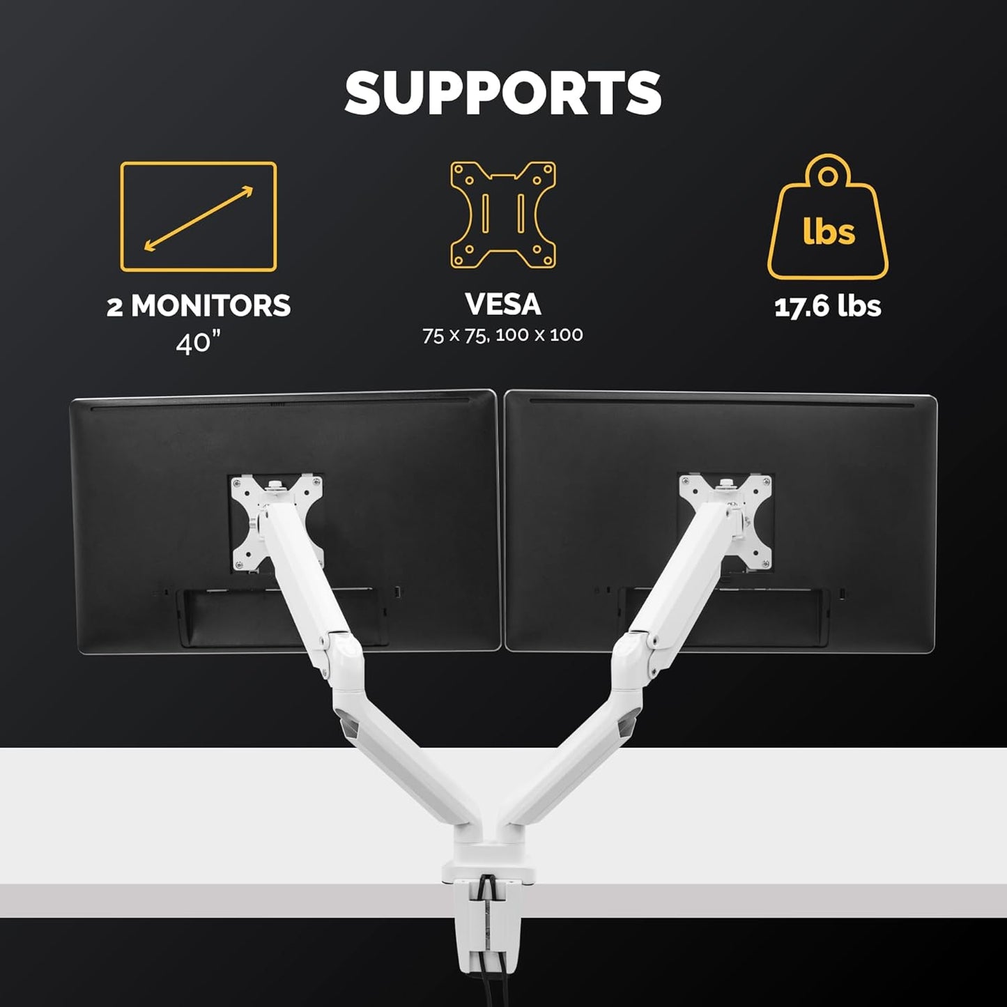 Fellowes Platinum Series Dual Monitor Arm for 40-Inch Monitors, Full Motion, 360° Rotation, VESA Mount with Grommet or Clamp, USB Ports, Ergonomic, White, 8056301