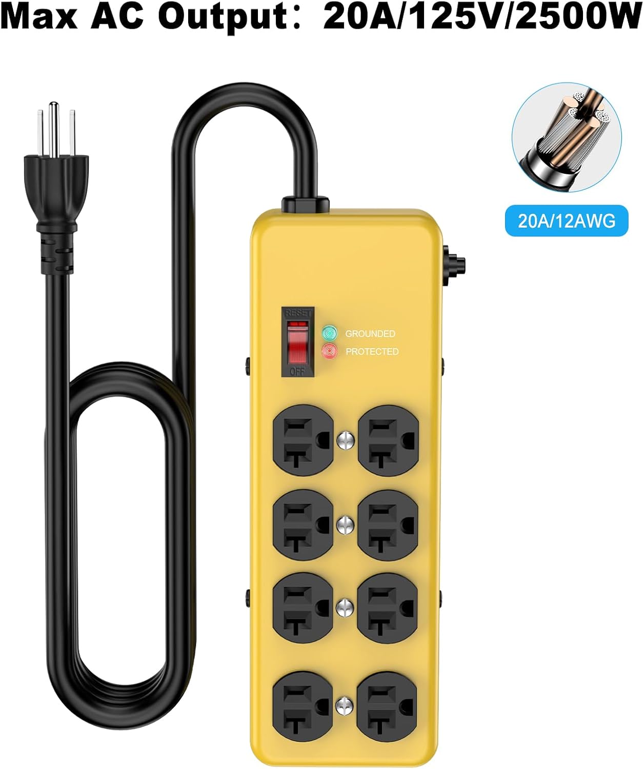 HEZI 20A Power Strip Surge Protector Durable Metal 8-Outlet with Heavy Duty 20 Amp Extension Cord,12 Gauge for Garage,Workshop & Industrial Use with 6-20R T-Slot Outlets,4800J(Yellow,6FT)