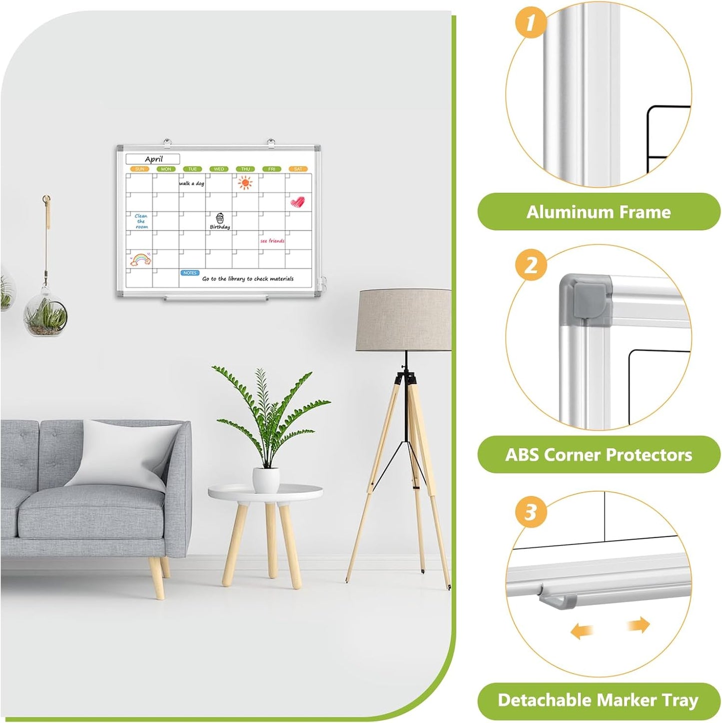 Dry Erase Calendar Whiteboard for Wall, 24" x 18" Magnetic Monthly White Board Calendar, Hanging Double-Sided White Board for Planning, Memo, School, Home, Office