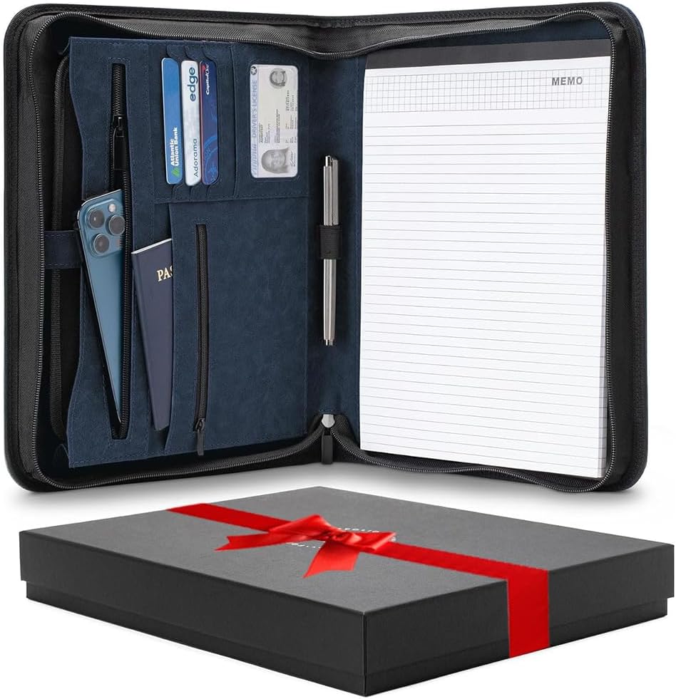 Padfolio Binder - Professional Faux Leather Travel Organizer Pouch for Tablet, Documents, Presentation Folders, Zipper Closure, Notepad - Blue