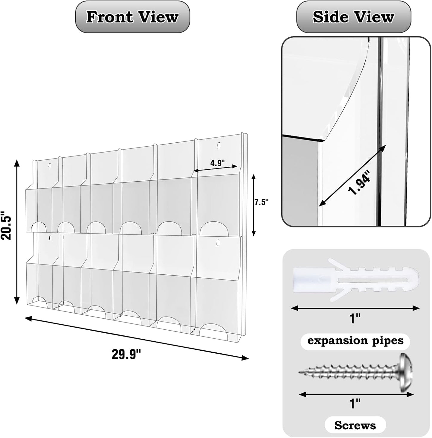 Acrylic Brochure Pamphlet Holder, 12 Pamphlet Holders, Clear Brochure Display Stand Wall Mount, Trifold Flyer Rack, Literature Storage Rack for Home, Offices, Waiting Room