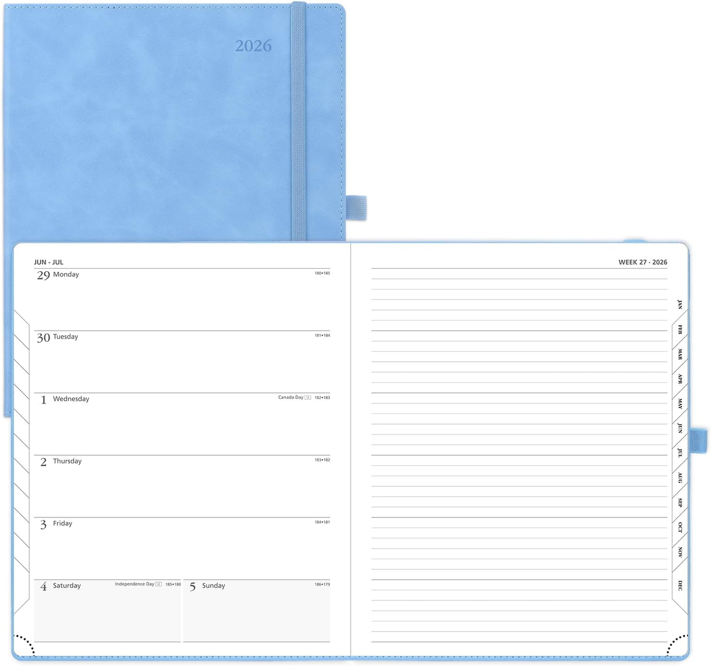 POPRUN Weekly Planner 2026 (Large 8.5" x 10.5") Calendar 12 Months Notebook with Horizontal Layout, Leather Soft Cover, Monthly Tabs, Inner Pocket, 100GSM Thick Paper, Pen Holder - Cerulean Blue