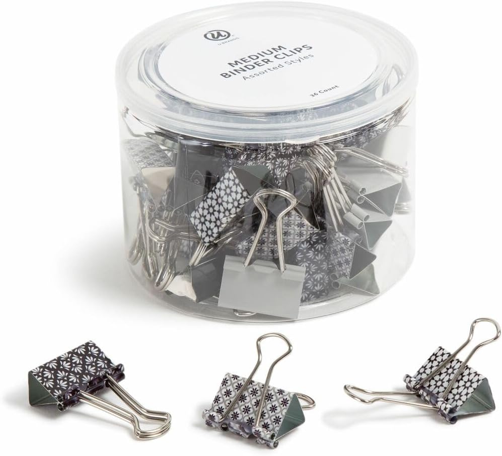 U Brands Fashion Binder Clips, Moroccan Monochrome with Silver Prongs, Office Organization Supplies, 32mm, 36 Count