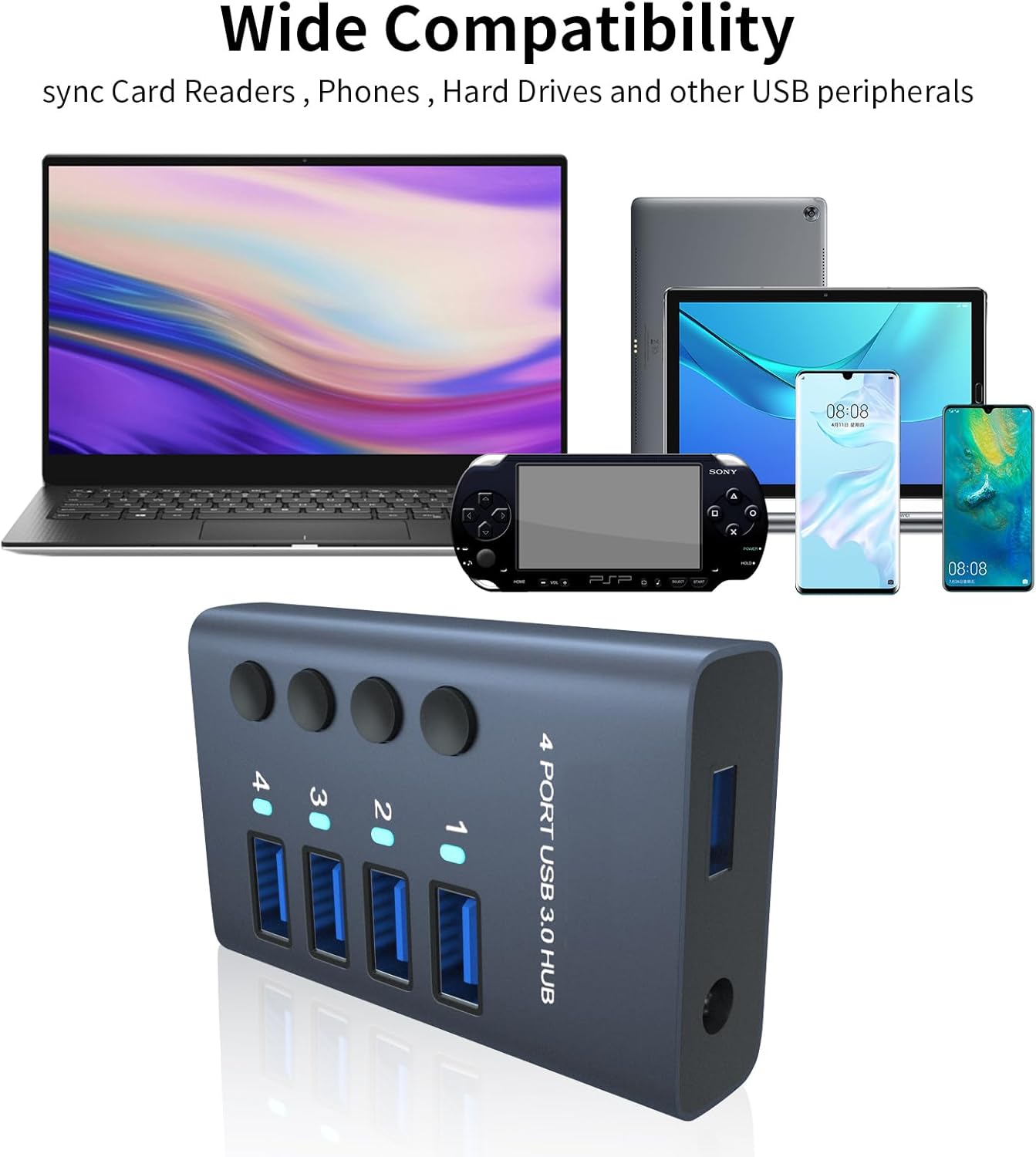 MaxLax 4 Port Aluminum USB 3.0 hub with 4 Port USB Data Transfer,36W (12V/3A) Power Adapter USB Splitter Independent Switch