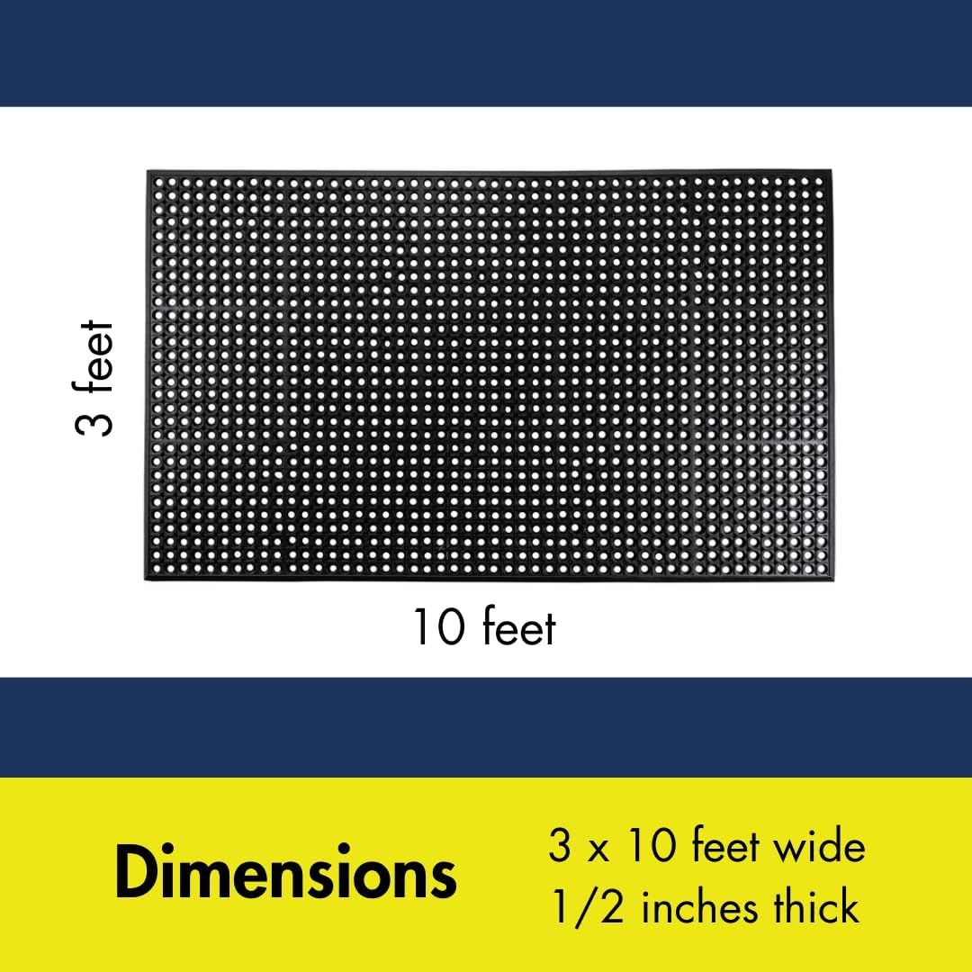 NoTrax 3' x 10' Anti-Fatigue Lightweight Restaurant Rubber Floor Mat with Drainage Holes, Beveled Edges, Non-Slip Mats, Black, T30 Competitor, T30S0310BL