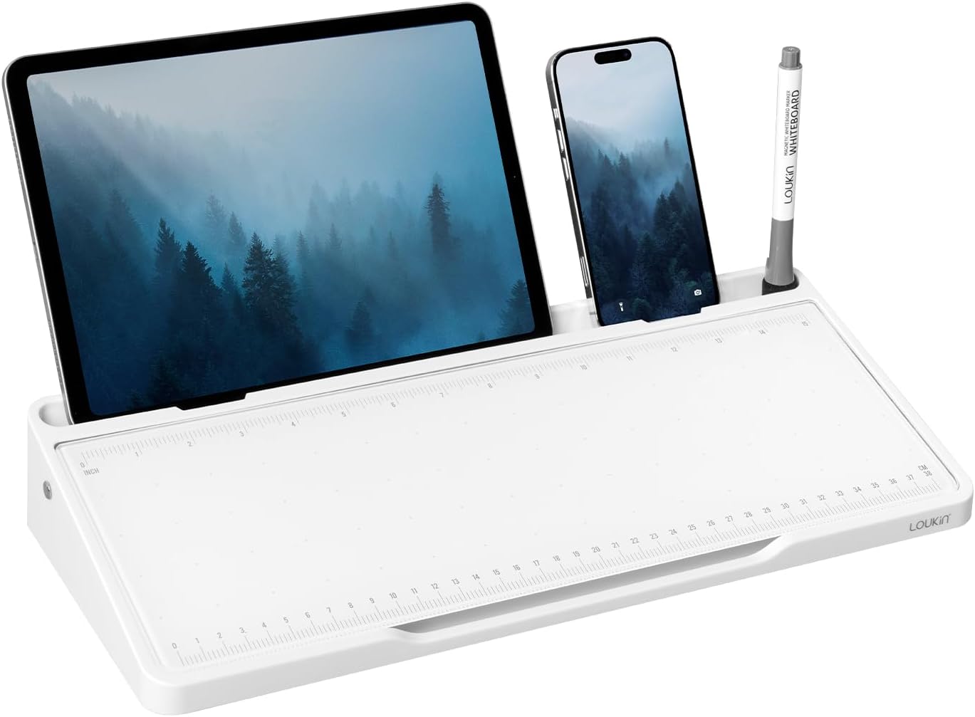 LOUKIN Glass Desktop Whiteboard, 15.3" x 5.6" Dry Erase Desk Board with Dotted and Graduated Surface, Desktop Buddy, Great for Design and Drawing, 3 Markers and 1 Dry Erase Eraser Included (White)