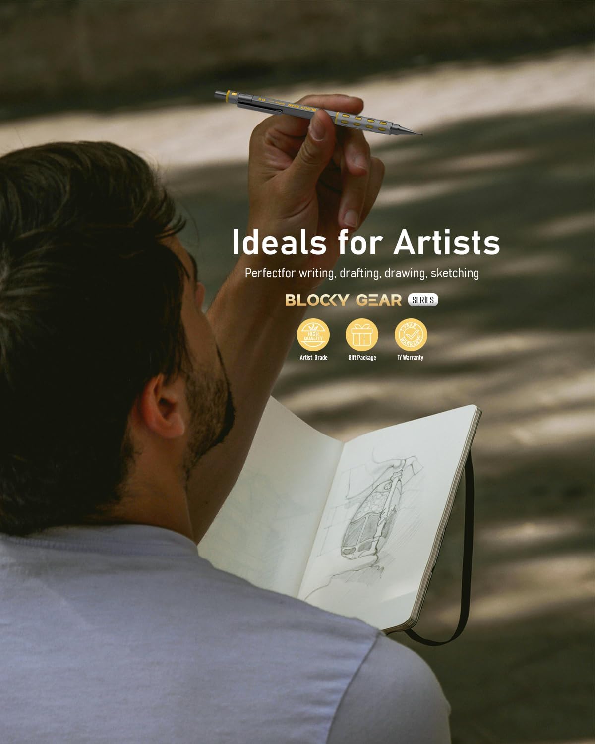 Nicpro Blocky Gear 0.9 mm Mechanical Pencils Set in Case, Metal Pencil with 0.9mm HB Lead Refills, Eraser for Professional & Adult Art Writing Drafting Drawing