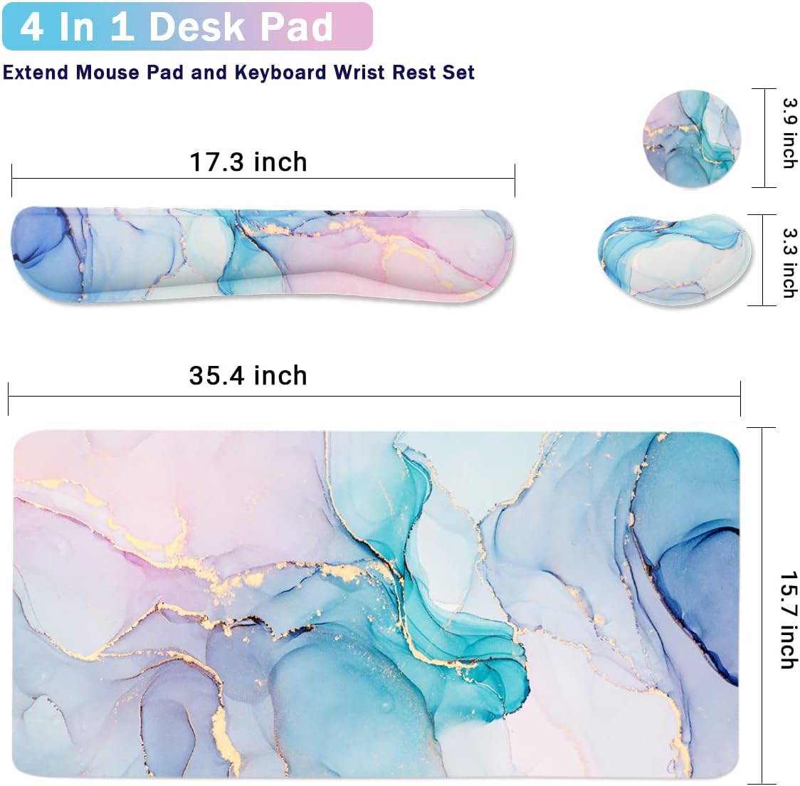 Large Mouse Pad Desk Dad, 4-in-1 Keyboard Wrist Rest Pad & Wrist Support Mouse pad Set, Extended Desk Pad Waterproof Desk Mat for Home Office Study Game-Blue Marble