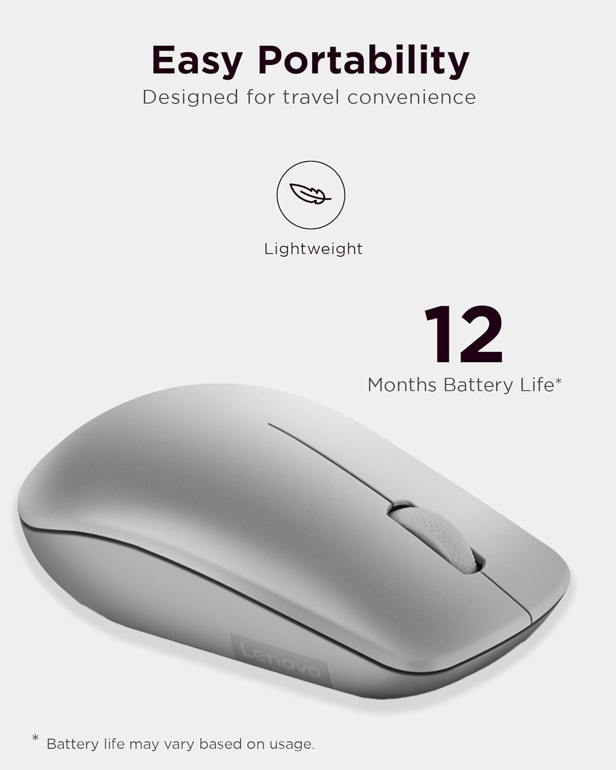 Lenovo 530 Full Size Wireless Computer Mouse for PC, Laptop, Computer with Windows - 2.4 GHz Nano USB Receiver - Ambidextrous Design - 12 Months Battery Life - Platinum Grey