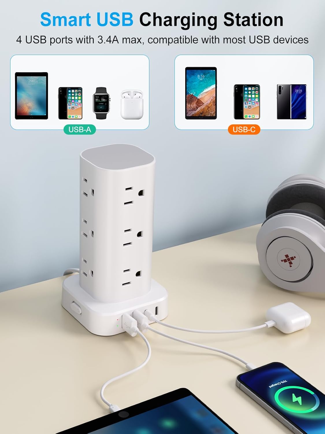 Power Strip with Wireless Charger, Flat Plug Surge Protector with 10FT Extension Cord, 12 AC Multiple Outlets, 4 USB (2 USB C), 15W Wireless Charging Power Tower for Home Office Dorm, White