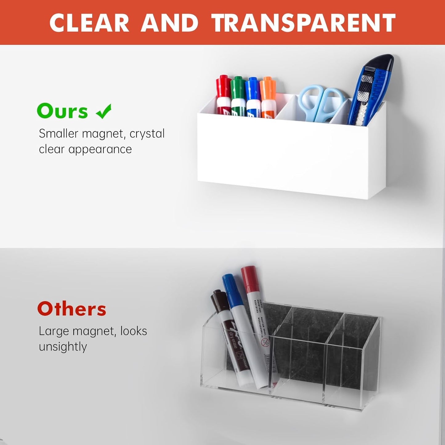 Magnetic Dry Erase Marker Holder, Acrylic Magnet Pen Holder for Whiteboard, Refrigerator, Magnetic Fridge Organizer for Office, Classroom, Whiteboard Maker Storage, Locker Organizer(White)