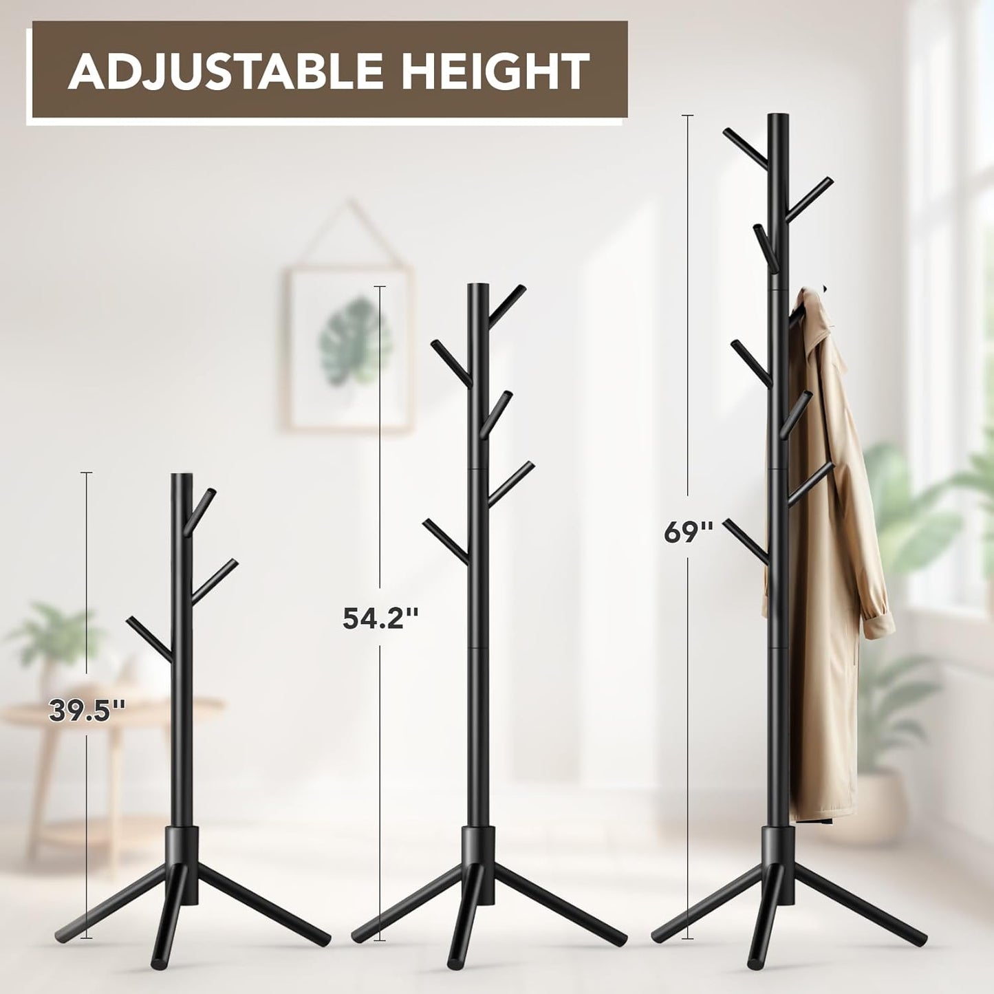 Wooden Tree Coat Rack Stand,Sturdy Freestanding Coat Rack with 8 Hooks,3 Adjustable Height for Child Adult,Wood Coat Stand Tree Fits Entryway Bedroom Office for Bags,Hats