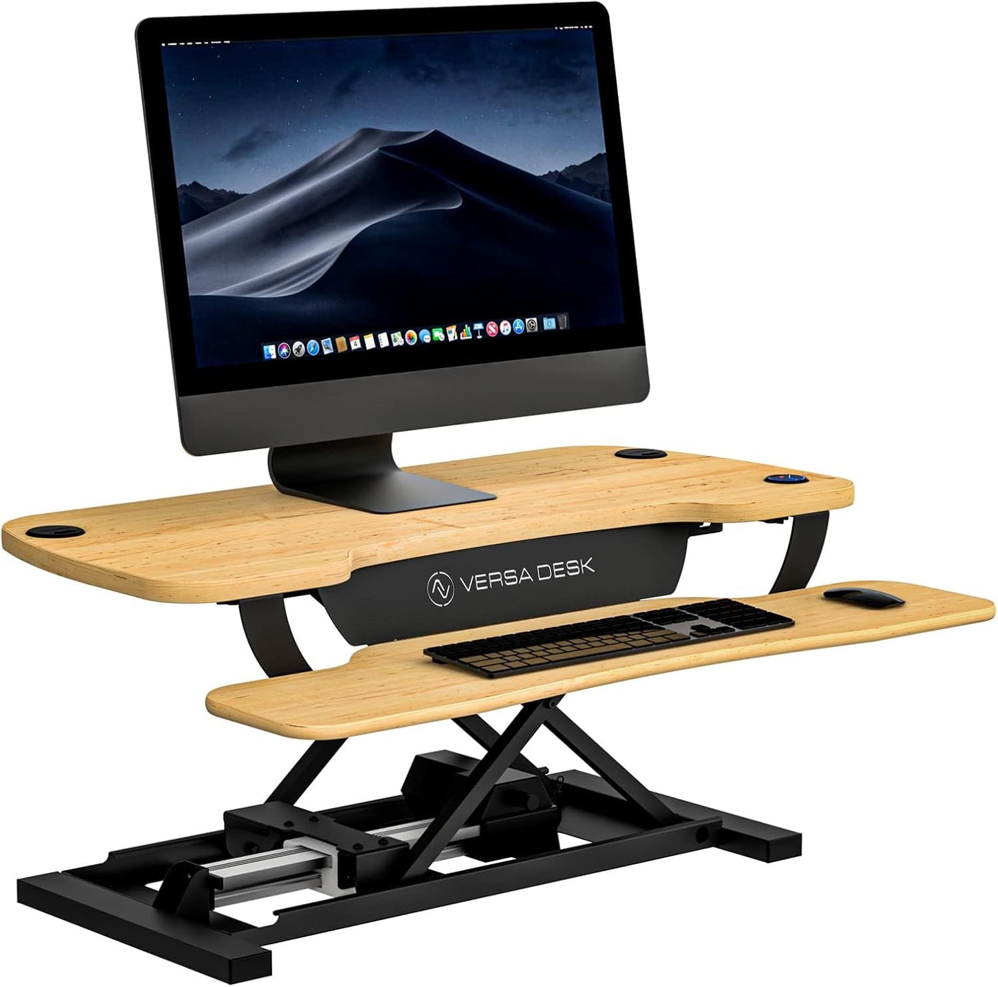 VERSADESK Electric Standing Desk Converter, 36 Inch PowerPro™ Height Adjustable Sit Stand Desktop Riser with Keyboard Tray, Built-in USB Charging Port, Holds 80 lbs, Push-Button Switch, Maple