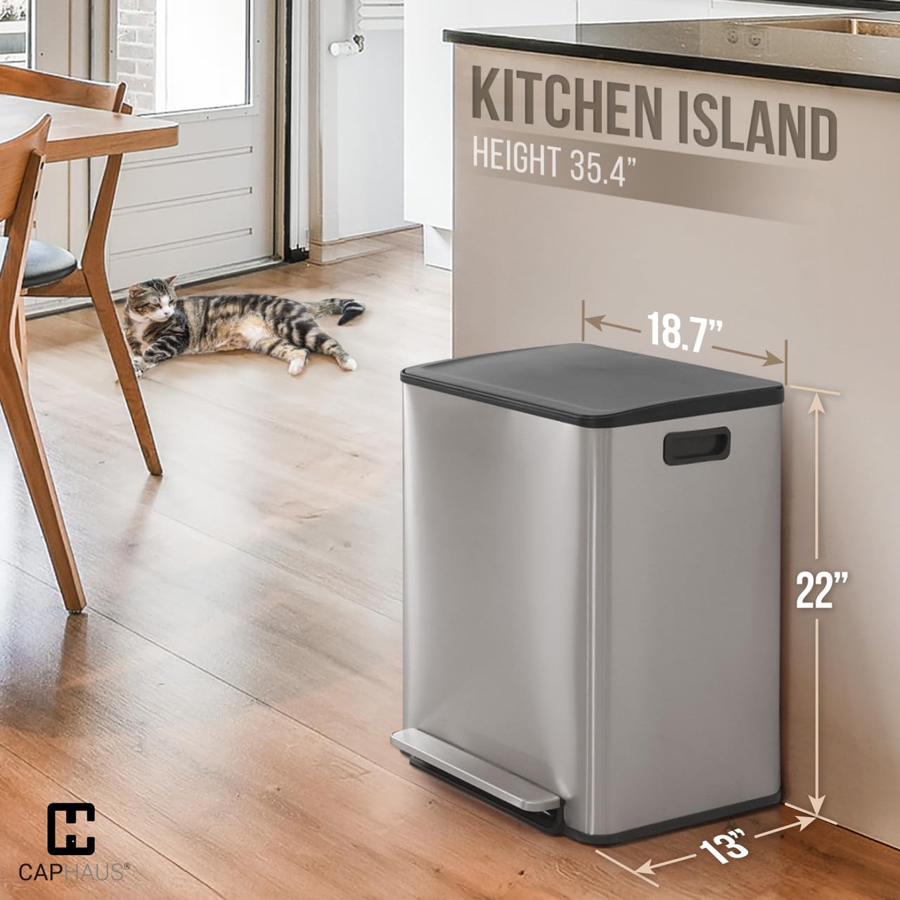 CAPHAUS Dual Trash Can with Lid, Trash and Recycling Bins Combo for Kitchen, Hands-Free Stainless-Steel Garbage Can with 2 Compartment, Hinged Lid, Odor Filter, Handles, 25L+25L, 2 x 6.6 Gallon