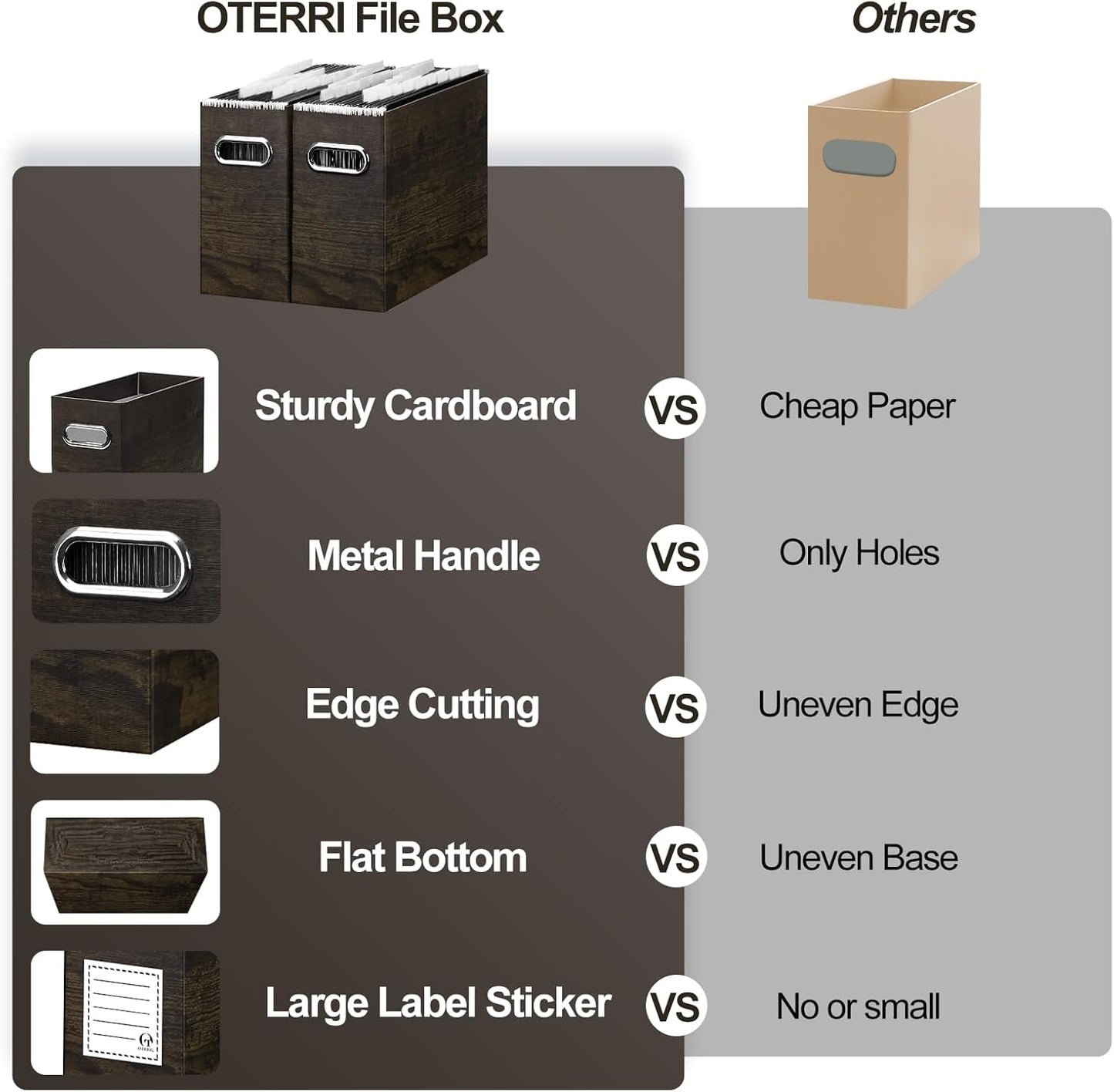 Oterri File Organizer - Small Cardboard Storage Box, Collapsible and Portable With Handle for Letter Size Files, Hanging Folder Box (Brown Wood Grain Print, Letter Size - 4 Packs)