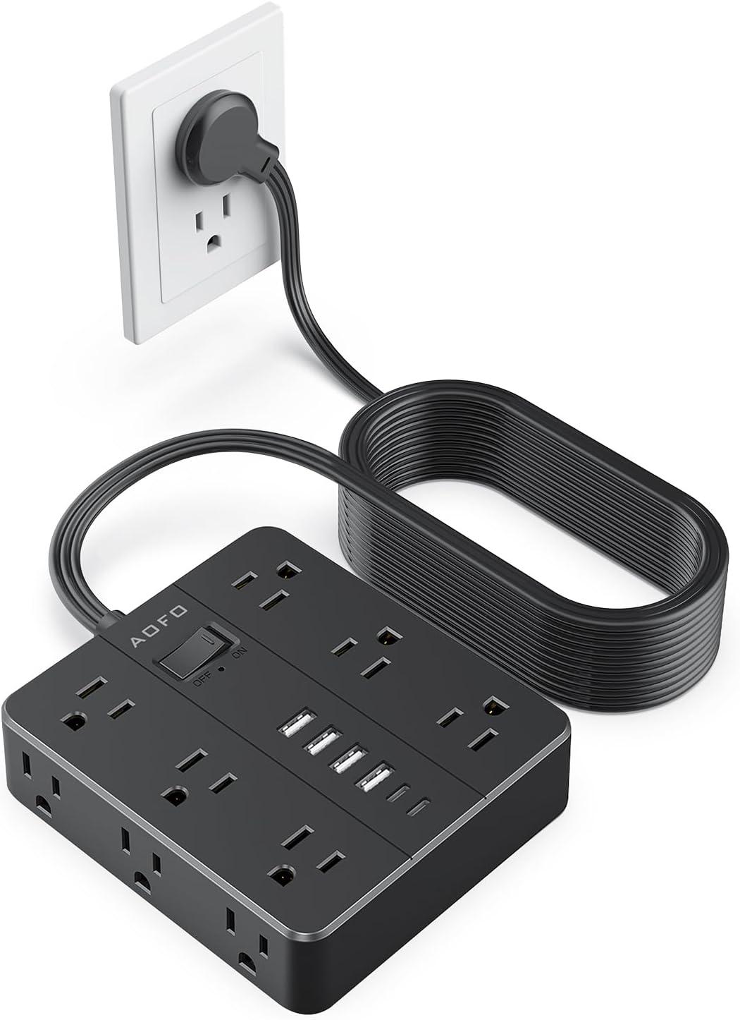 20FT Surge Protector Power Strip,12 AC Outlets with 6 USB Ports (2 USB-C), Flat Plug Extension Cord with Multiple Outlets, Wall Mount for Home Office,Dorm,Black