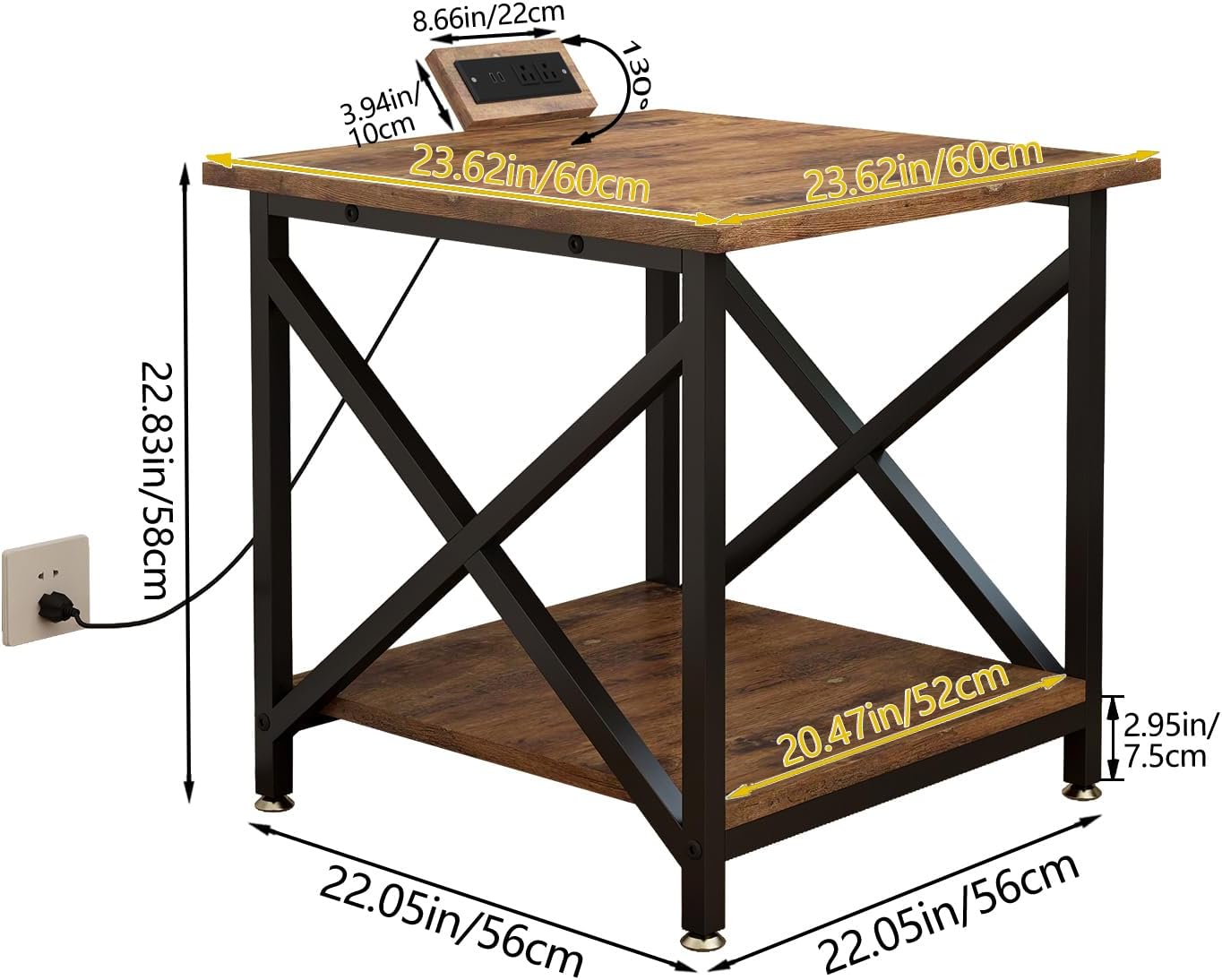Large Printer Stand with Power Outlet, with Storage Shelf, 2 Tier Rolling Printer Cart with Industrial Wheels, 23.6 x 23.6 Inches Printer Table for Home Office,Rustic Brown