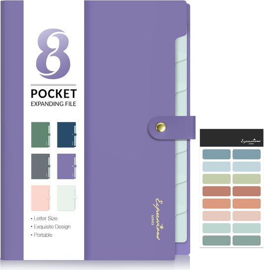 Sooez Elegant Accordion File Organizer with Labels, 8 Pocket Expanding File Folder, Portable Folders for Documents, Cute Paper Organizer for School Office Supplies, Letter Size, Purple
