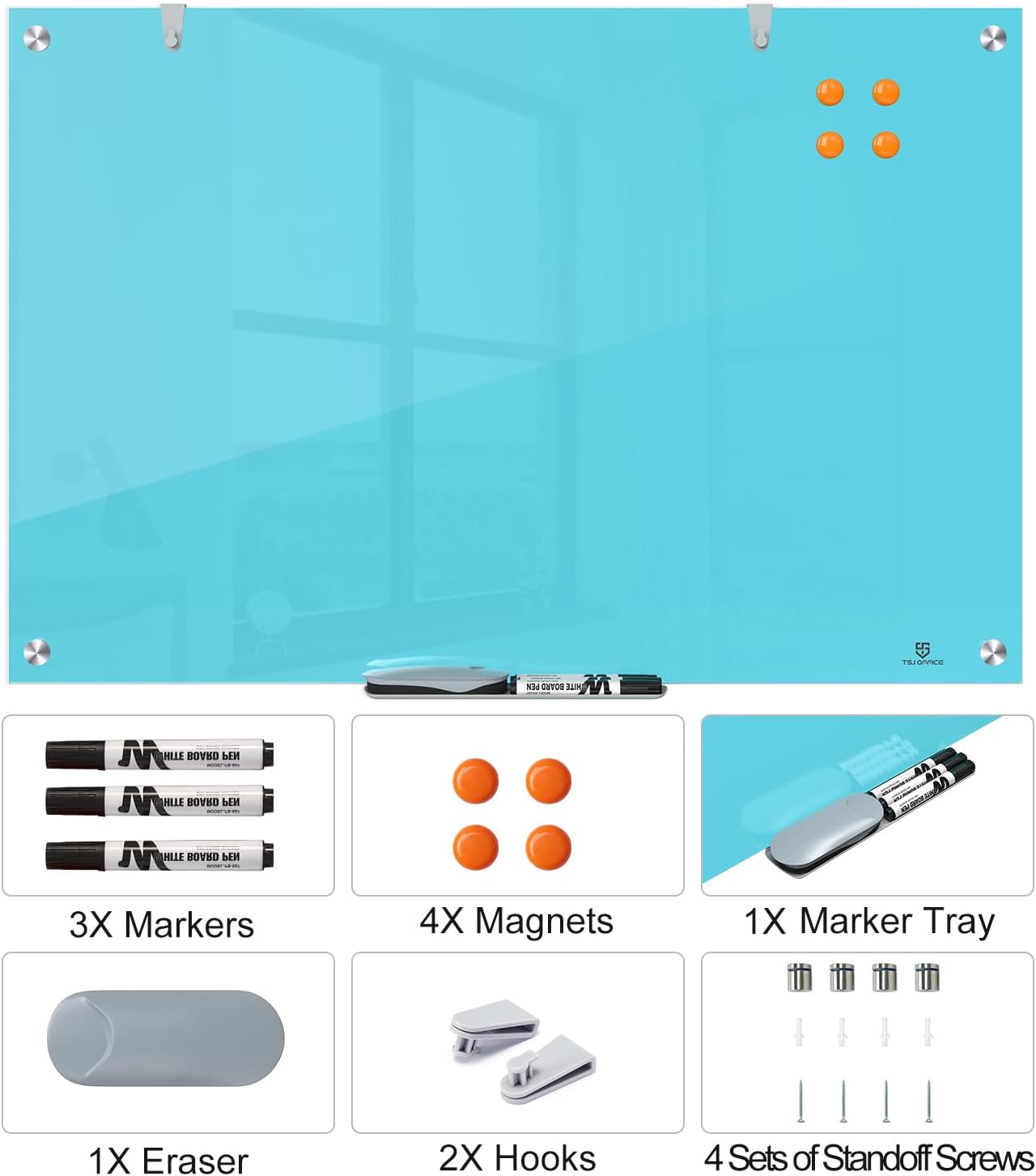 TSJ OFFICE Glass Dry-Erase Board - 36 x 24 Inches Wall Mounted Magnetic Whiteboard, Large Frameless Glass White Board for Office, Home & School, Blue