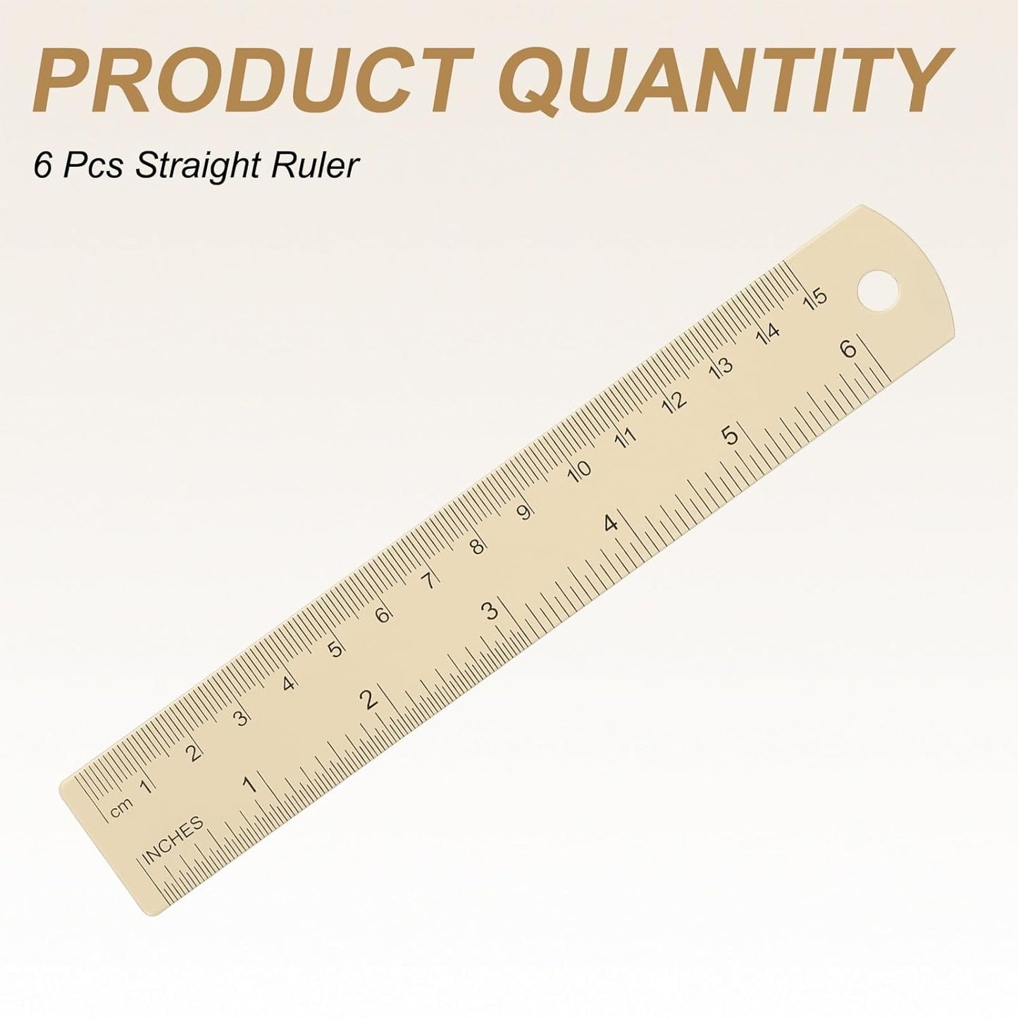 HARFINGTON 6pcs Metal Straight Ruler 15cm Metric SAE Aluminum Alloy Measuring Rulers Scale Tool with Hole for Measure Study Reading Classroom Office, Beige