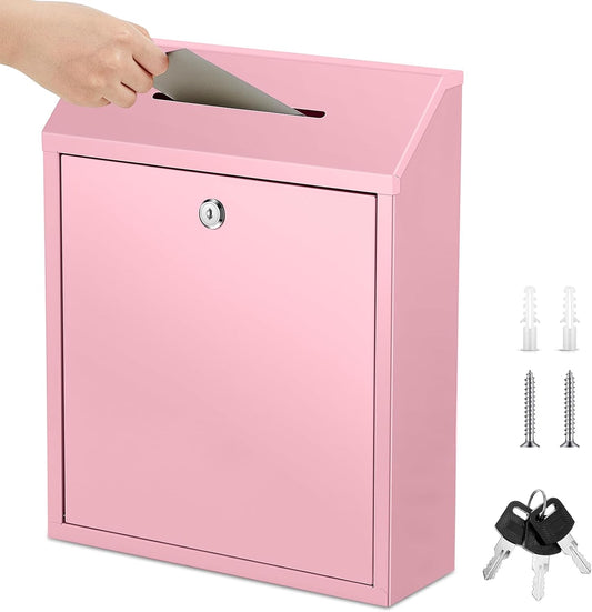Metal Donation Cash Box Collection Safe Suggestion Box with Lock Wall Mounted Mailbox Delivery Ballot Container for Home Office Outdoor Door(Pink,15 x 12 x 4 Inch)