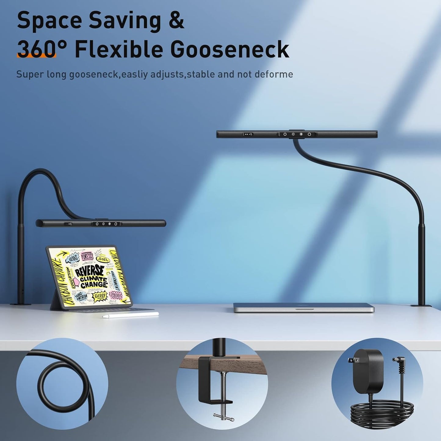 Desk Lamp for Home Office, Desk Light with Clamp, Office Lamp with Remote & Gesture Sensing, Monitor Light Bar, Adjustable Color Temperature & Brightness, 12W