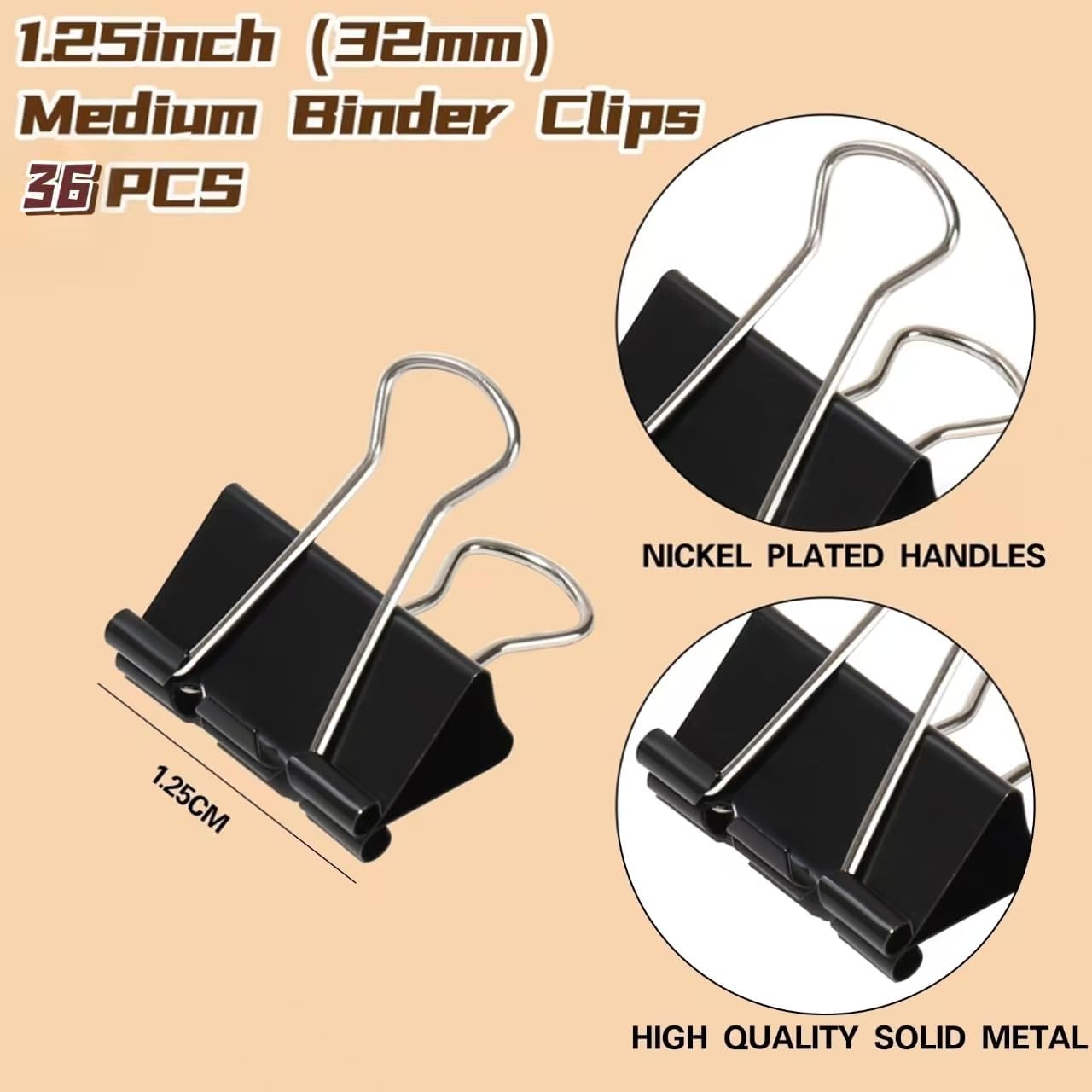 Binder Clips, Qimailer Medium Clips,36 Pcs 1.25 Inch,Black Metal Binder Clips and Paper Clips for Office, Home, School