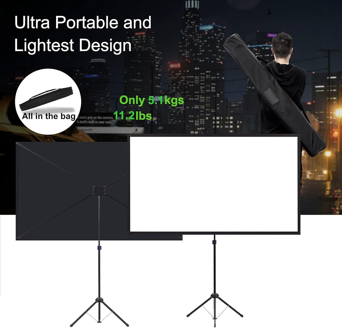 Projector Screen with Stand, 100 Inch Outdoor Projection Screen 16:9 and Tripod Stand, Portable Projector Screen, 1.2 Gain, Lightweight and Compact, Easy Setup, Idea for Home Cinema, Backyard Party.