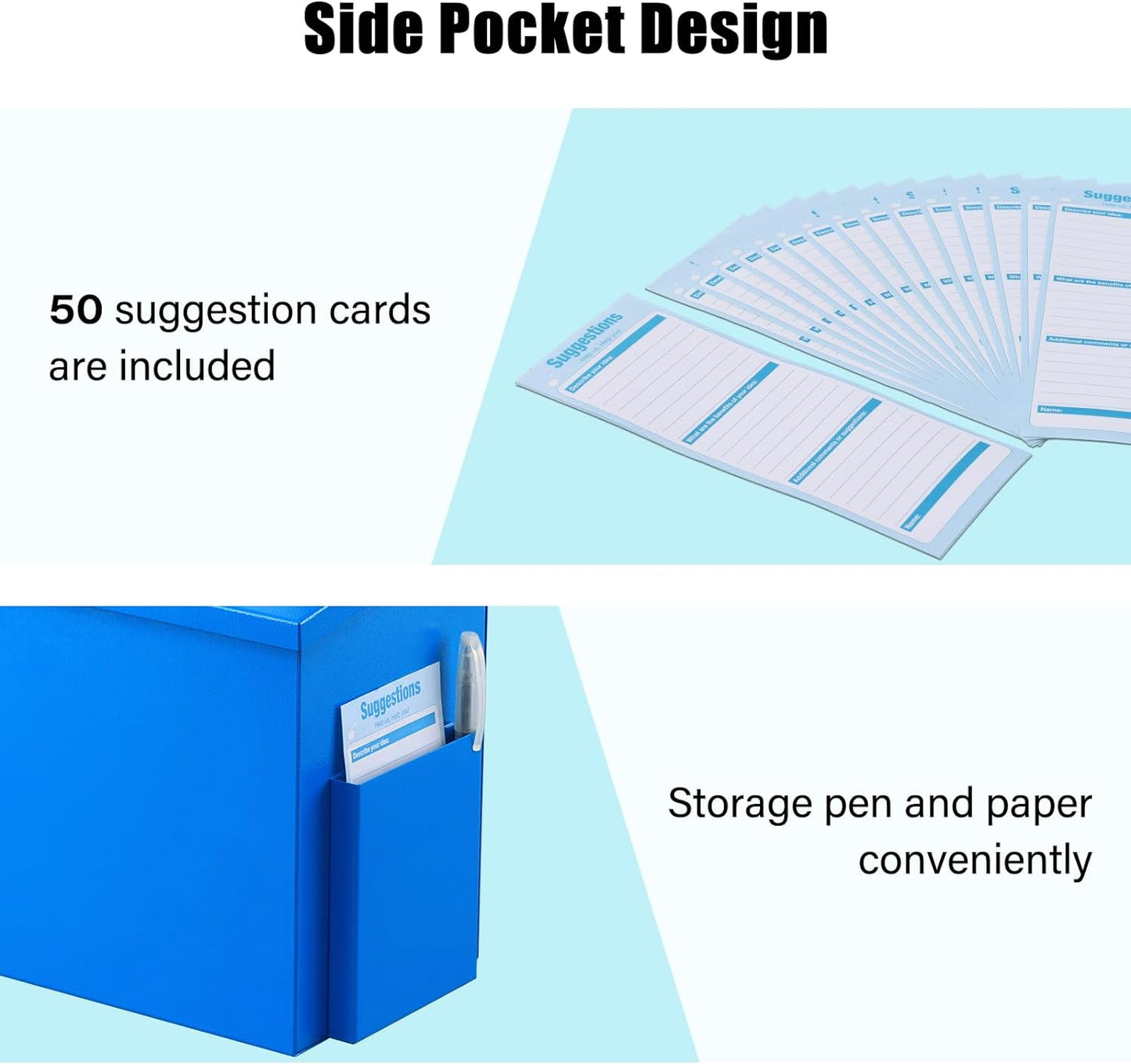 xydled Wall Mounted Ballot & Donation Box with 50 Suggestion Cards, Metal Suggestion Collection Box with Key Lock, Blue, 8.7"x 5.9"x7.1"